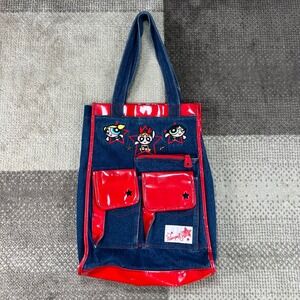 Vintage Powerpuff Girls Denim Tote Bag Red Patent Trim Cartoon Network Y2K Kids